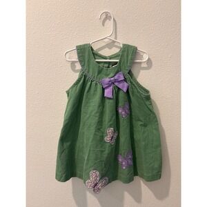 Vintage Rare Too Girls Green Corduroy Butterfly Appliqué Dress Purple Bow 3T